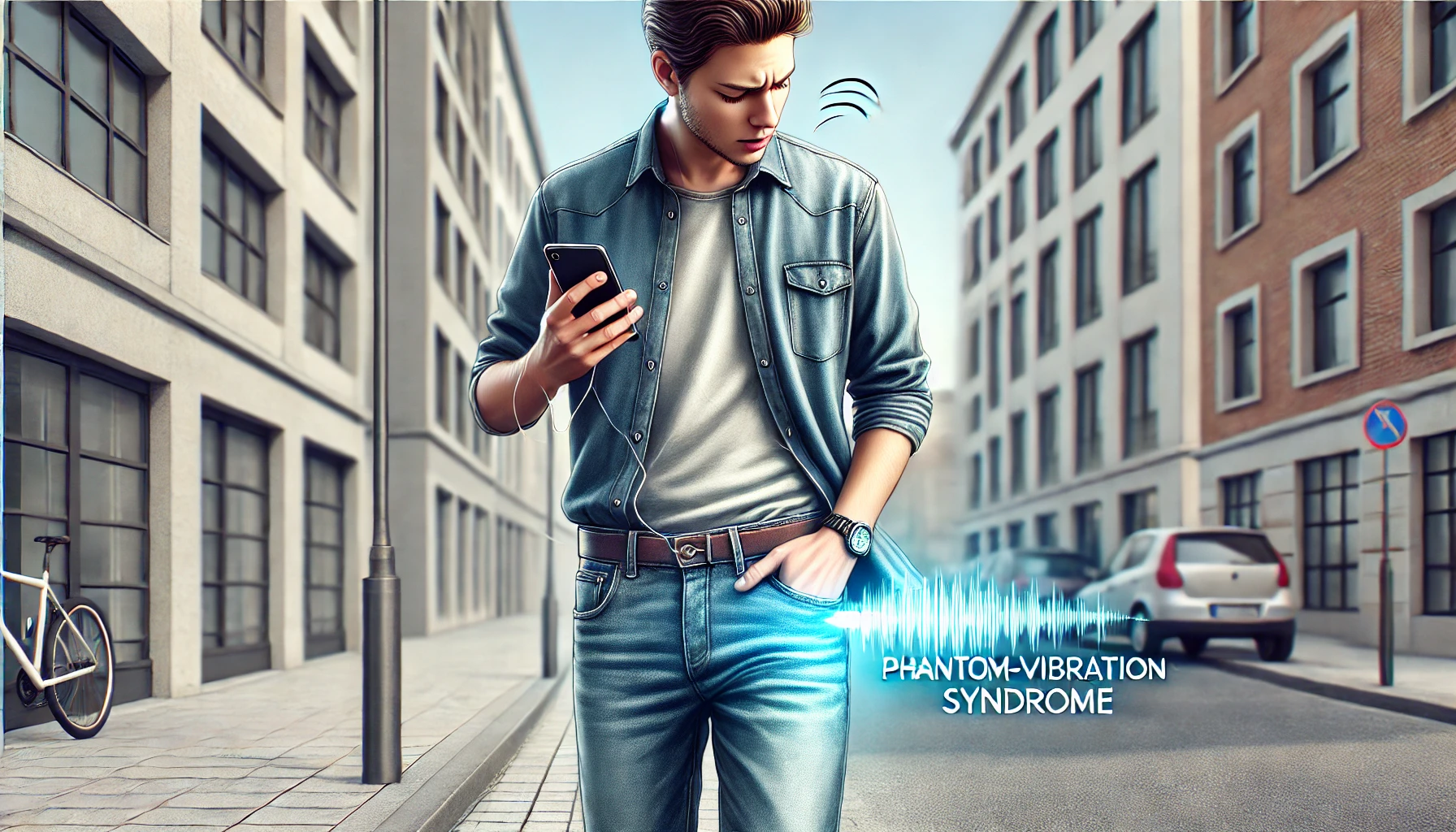 Eine Person, die auf einem Gehweg steht, eine Hand auf der Hosentasche hat und verwirrt aussieht, als ob sie eine Smartphone-Vibration spürt, obwohl keine Nachricht vorliegt.