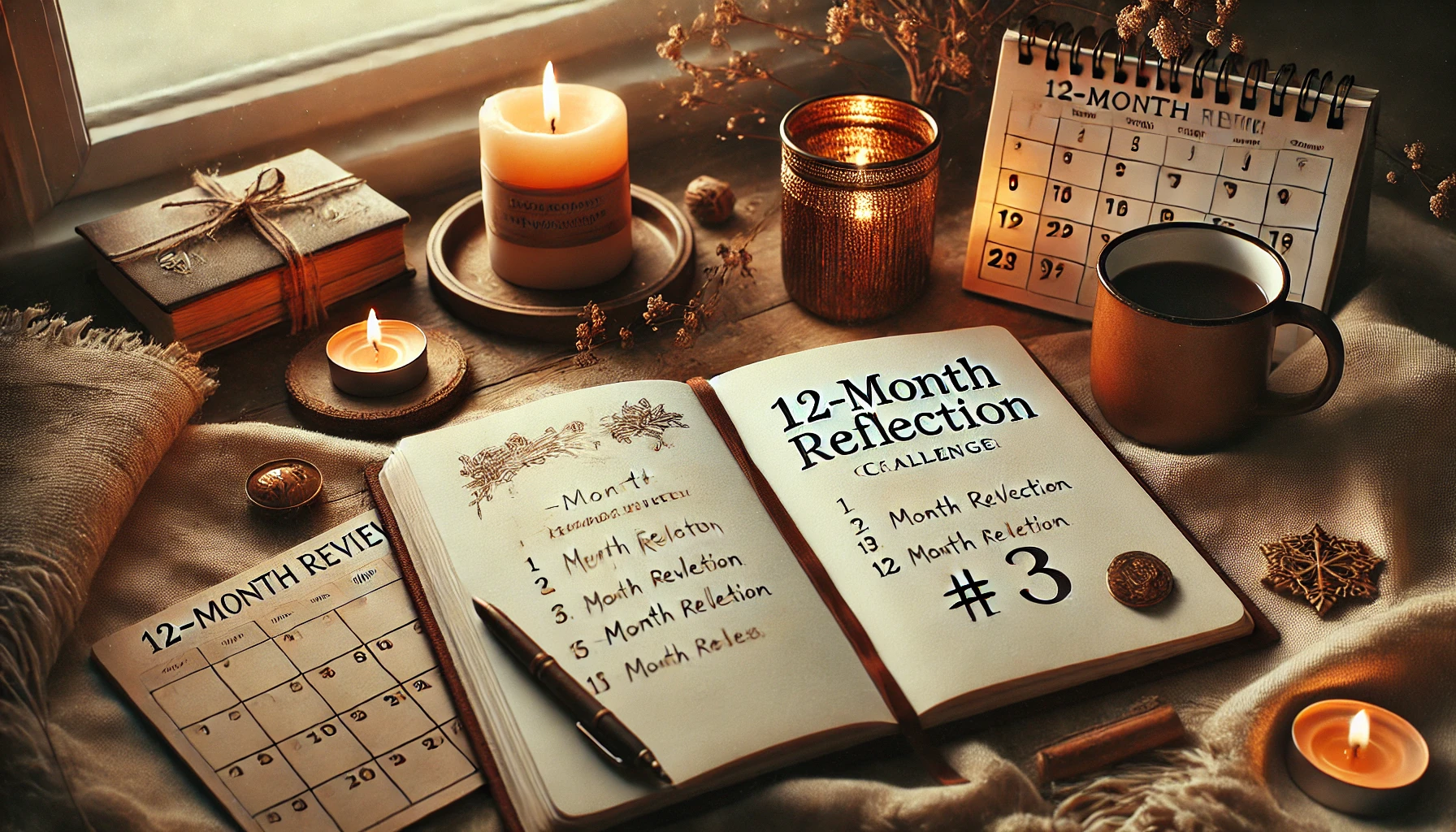 Inspirierende Darstellung für die 12-Monats-Rückblick-Challenge mit einem offenen Tagebuch, einer Tasse Kaffee und einem Kalender.