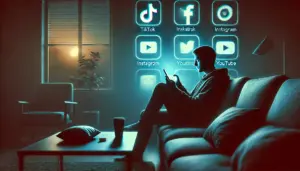 Eine Person sitzt auf einem gemütlichen Sofa und scrollt endlos auf ihrem Smartphone durch Social-Media-Apps wie TikTok, Instagram und YouTube. Das Gesicht wird vom bläulichen Licht des Bildschirms beleuchtet, während die Umgebung in dunklen, beruhigenden Tönen gehalten ist. Eine Kaffeetasse und eine leere Snack-Tüte im Hintergrund deuten auf eine lange Nutzungsdauer hin.